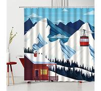 Rideau De Douche Scène d'hiver Écran De Bain Montagne avec Neige Téléphérique Ski Arbre Forêt Maison Rideau De Bain Salle De Bain Décor À La Maison 180x180cm