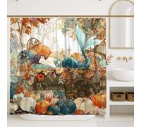 Rideau de douche sirène vert aqua orange citrouille automne décoration de salle de bain automne saisonnier art moderne rideau de douche en tissu avec crochets 183 x 198 cm