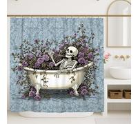 Rideau de douche squelette en tissu imperméable avec crochets Motif floral bleu vintage pour salle de bain Halloween Automne Style gothique 183 x 183 cm