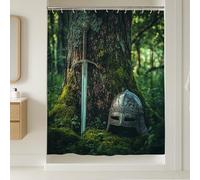 Rideau de douche sur le thème médiéval, épée argentée et casque, décoration vert forêt, ensemble de salle de bain aventure fantaisie automnale, tissu imperméable vintage rustique avec crochets 137 x