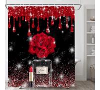 Rideau de douche tendance pour la Saint-Valentin, magnifique rose rouge rouge à fleurs, parfum étincelant, maquillage rouge à lèvres sur noir, moderne, fille, femme, rideau de salle de bain en tissu