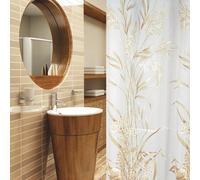 RIDEAU dE dOUCHE tEXTILE bLANC/oR/mARRON 120 x 200 cM-aVEC aNNEAUX pOUR rIDEAU dE dOUCHE bLANC eT bRUN cLAIR.