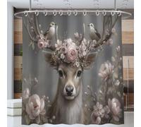 Rideau De Douche Un Cerf Portant des Fleurs sur La Tête 150 * 180cm avec Crochets, Rideau De Douche Portrait d'animal Vintage, Lavable Imperméable Polyester Rideaux pour Baignoire De Salle De Bain