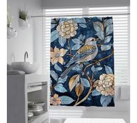 Rideau de Douche Vintage Art Style Fleur d’Oiseau Rideaux de Douche Bleu foncé pour Une décoration Rustique de Salle de Bain Tissu Polyester imperméable 120 x 180 cm