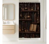 Rideau de douche vintage bibliothèque, livres marron foncé et bouteilles en verre, décoration de salle de bain, rideau de douche classique rustique en tissu imperméable avec crochets 91,4 x 183 cm