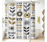 Rideau de Douche Vintage Géométrie en Polyester imperméable et Lavable avec Crochets, 180 x 180 cm, Rideau de Salle de Bain Géométrie Ethnique Floral Or Gris Noir Losange Symétrie pour Salle de Bain