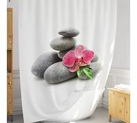Rideau de douche zen 180x200 tissu lavable | superbe décor ensemble de de salle de bain avec crochets | Rideau de douche spa concept pierres de zen et fleur d'orchidée | Rideau baignoire blanc large