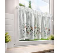 Rideau de fenêtre 60x150 Sylwia blanc et rose prêt à tunnel motif floral en tissu mat avec dentelle Eurofirany