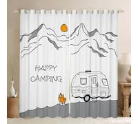 Rideau de fenêtre Happy Camping, rideaux de fenêtre de camping-car de dessin animé, rideaux de traitement de fenêtre pour enfants, adolescents et adultes, rideaux de fenêtre modernes gris blanc, 2