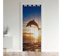 Rideau de Porte de Dauphin,Rideau D'Occultation de Thème Marin,Rideau de Porte Abstrait de Silhouette de Dauphin de Bête de Mer Côtière,Rideau de Séparation Pièce Atif de Soleil Coloré,86x203