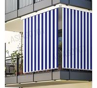 Rideau de soleil à rayures pour balcon, véranda, terrasse, ombrage, avec anneaux et crochets, tissu résistant pour extérieur, dimensions 145 x 250 cm environ, bleu et blanc