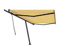 Rideau de soleil autoportant manuel 500 x 300 cm jaune blanc avec cadre en aluminium, tissu polyester enduit PU, réglage de l'angle et de la hauteur, manivelle longue, base