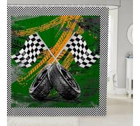 Rideau Douche 180x180cm Voiture de Course,Rideaux de Douche Drapeau de Course Vert,Rideau de Baignoire Garçons et Filles Piste de Course Sports Extrêmes Pistes de Pneus de Jeu Cool Noir Blanc À Échecs