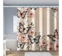 Rideau Douche 200x180cm Rideau de Douche Tissu Polyester Anti Moisissure Imperméable Lavable Machine,pour Salle de Bain Baignoire Hôtel, Ourlet Inférieur Lesté et 12 Crochets Papillon Fleur K-14285