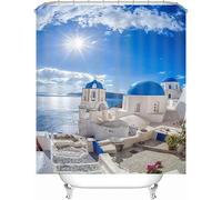 Rideau Douche Anti Moisissure Paysage Architectural Grec 3D Rideau de Douche 200x200cm Lavable en Machine Bord de Mer Bleu Rideaux Baignoire Tissu Polyester Imperméablee avec 12 Crochets b.259
