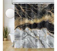 Rideau Douche Anti Moisissure, Uiiooazy Rideau de Douche 180x200cm Gris Effet Marbre Noir Jaune Abstrait Rideaux de Baignoire Tissu Lavable Imperméable Polyester Rideaux Salle de Bain avec 12 Crochets