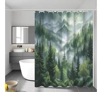 Rideau Douche Anti Moisissure Vert Rideau de Douche 200 × 200 cm Paysage Naturel Et Abstrait Brouillard Montagnes Rideaux de Baignoire Tissu Lavable Imperméable Rideaux Salle de Bain avec 12 Crochets
