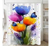 Rideau Douche Blanc 150x170cm Rideau de Douche tulipe Shower Curtain-Impression Polyester Tissu-avec œillets et 12 Crochets-Tissu Lavable en Machine-Imperméable-pour Salle de Bain-Hôtel J-752