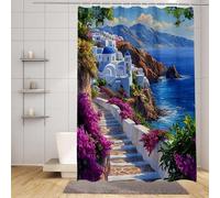 Rideau Douche Bleu Rideau de Douche 90 x 200 cm, Polyester Shower Curtain Ville Motif, HD Impression Imperméable Design Shower Curtain avec 12 Anneaux pour Baigoire Angle Salle de Bain -zpg250735Q