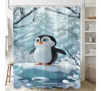 Rideau Douche couleur œuf canard 160x200cm Rideau de Douche manchot Shower Curtain-Impression Polyester Tissu-avec œillets et 12 Crochets-Tissu Lavable en Machine-Imperméable-pour Salle de Bain J-250