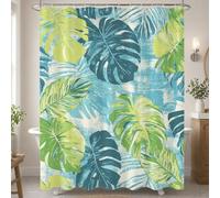 Rideau Douche en Polyester Textile Bleu, Rideau de Douche Tissus Imperméable avec Ourlet Lesté et 12 Crochets, Lavable en Machine, Decoration Salle de Bain 160x180 cm (Feuille) T-X149