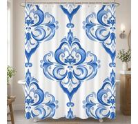 Rideau Douche en Polyester Textile Bleu, Rideau de Douche Tissus Imperméable avec Ourlet Lesté et 12 Crochets, Lavable en Machine, Decoration Salle de Bain 160x180 cm (Boho) T-X143