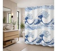 Rideau Douche en Polyester Textile Bleu, Rideau de Douche Tissus Imperméable avec Ourlet Lesté et 12 Crochets, Lavable en Machine, Decoration Salle de Bain 140x180 cm (Flots) T-X144