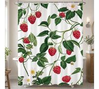 Rideau Douche en Polyester Textile Vert, Rideau de Douche Tissus Imperméable avec Ourlet Lesté et 12 Crochets, Lavable en Machine, Decoration Salle de Bain 140x180 cm (Fraise) T-X152