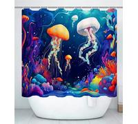 Rideau Douche Fond De La Mer L130 x l180cm Rideau de Douche Méduse Shower Curtain-Impression Polyester Tissu-avec œillets et 12 Crochets-Tissu Lavable en Machine-Imperméable-Salle de Bain-Hôtel J#138