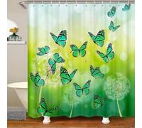 Rideau Douche Papillon Pissenlit Rideau de Douche 90x180 Anti Moisissure Vert 3D Rideaux Salle de Bain Tissu Polyester Imperméable Lavable avec 8 Crochets e-902