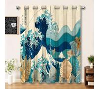 Rideau Isolan Estampes japonaises Ukiyo-E représentant des Vagues 2 Rideaux Imprimé Thermiques Anti Froid/Chaleur avec Oeillets Élégant pour Salon Chambre Maison 140L X 260H cm (2 Panneaux)