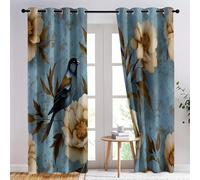 Rideau Isolant Fleurs De Pivoine Et Oiseaux Dessinés À La Main Rideau Occultant Thermiques Anti Froid et Chaleur, Économie d'Énergie, Idéal pour Chambre et Salon 117 x 229 cm, Bleu Clair, 2 Pièces