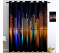 Rideau Isolant Vue Nocturne des Bâtiments De La Marina De Dubaï Rideau Occultant Thermiques Anti Froid et Chaleur, Économie d'Énergie, Idéal pour Chambre et Salon 150 x 166 cm, Noir, 2 Pièces