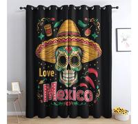 Rideau Jour des Morts - Rideau Occultant Thermiques Tête de Mort Mexicain Dia de Los Muertos, Lot de 2 Rideaux à Oeillets pour Decoration Chambre Salon, Draperies Intérieurs Fenetre, 140x160 cm (LxH)
