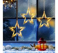Rideau Lumineux 3 Étoiles, Elktry 30 Leds Guirlande Lumineuse Noel à Piles, Avec 4 Crochets Autocollants Non Marquants, Guirlande Lumineuse Extérieur Pour Vitrine, Murs, Fenêtres, Portes - Blanc Chaud