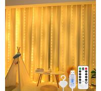 Rideau lumineux à 200 LED, blanc chaud, 3 m x 2 m, rideau de guirlande lumineuse USB 8 modes, guirlande LED avec 10 crochets, télécommande, minuterie, luminosité réglable pour intérieur et extérieur