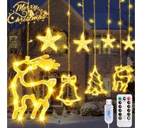 Rideau Lumineux de Noël, 138 LEDs Guirlande Lumineuse de Noël, 2.5m Rideau Lumineux Noël Étoile Renne Sapin Cloche 8 Modes Lumières décoratives de Noël Intérieur Extérieur, Déco Fenêtre, Maison,Patio