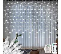 Rideau lumineux d'intérieur 150 LED alimenté par piles, en forme de diamant à suspendre pour chambre, applique murale cascade, 8 modes, étanche pour tonnelle extérieure (blanc)