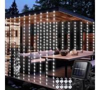 Rideau lumineux solaire d'extérieur - 2,4 x 1,8 m - 144 LED - Étanche - 8 modes - Minuterie - Cascade lumineuse solaire pour terrasse, clôture, mariage, mur, fenêtre, tonnelle - Blanc froid