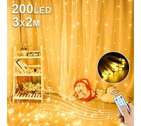 Rideau lumineux USB à LED 3Mx2M, 200 Guirlandes Lumineuses à avec Télécommande à 8 Modes à LED Étanche IP65 pour Décoration de Chambre à Coucher, Fête de Mariage, Noël Intérieure et Extérieure