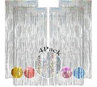 rideau Métallique de Frange Argenté 1x2.5m - 4Pcs Frange Argenté, Paillettes Anniversaire pour Noel Decoration Disco Brillant Fête