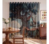 Rideau Occultant 132x160cm, Lot de 2 Double Rideau Isolant Anti-Bruit Rideaux Opaque Conte De Fées Fantastique Rideaux à Oeillets La Cabane Tordue Dans Les Arbres, Décoration Chambre Fenetre, Bleu