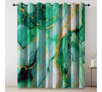 Rideau Occultant 2 Pièces Vert Jaune, Encre Marbré Lignes Design, Rideau Thermique Isolant Anti Chaleur Tenture Opaque à Oeillets Isolation Lumiere Decoration Chambre Maison L140×H245 cm
