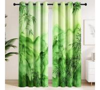Rideau Occultant 2pcs, Anti Chaleur Rideaux Intérieurs Thermique Et Phonique, Style Oriental Lavis d'encre De Paysage Bambou Classique Zen Rideau, Vert Herbe 140L x 145H cm
