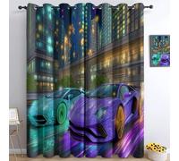 Rideau Occultant 3D Dessins Animés Voitures De Sport Fluo Villes Rideau Fenêtre Isolant Thermique Phonique Opaque à Oeillets pour Chambre d'enfant Maison Salon Décoration, 2 Rideaux 100 x 110 cm