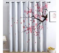 Rideau Occultant 3D Impression Fleurs Fleurs De Cerisier Motif Rideaux Thermique Isolant Anti Froid Oeillet Rideau Opaque, Blanc Rose Fenetre Chambre Salon Intérieurs 70L X 240H cm (2 Panneaux)