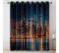Rideau Occultant à œillets Coloré, Ville Moderne bâtiments de New York la Nuit Thème Anti Bruit Tenture Opaque pour Chambre D'adolescent - 140L X 260H cm (2 Panneaux) Anti UV Decoration Chambre
