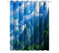 Rideau Occultant Anime Montagnes Brumeuses Forêts Paysages, Rideau Thermique Isolant Tenture Opaque à Oeillets Intérieurs pour Maison Salon Chambre Fenêtre, Bleu Rideaux 2 Pièces 100 x 178 cm (L x H)