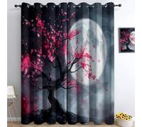 Rideau Occultant Arbres De Cerisiers en Fleurs Fantastiques Lune Motif, Thermique Isolant Anti Froid 140L X 260H cm (2 Panneaux) Tenture Opaque à Oeillets Isolation Lumiere Chambre Maison, Rose Gris