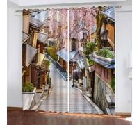 Rideau Occultant Architecture de Style Japonais Imprimé 3D Lot de 2 Rideaux Thermiques Isolants Tenture Opaque à Oeillets Sakura Rose Rideau Salon Chambre Fenêtres Décoration 140x175 cm LxH B/130